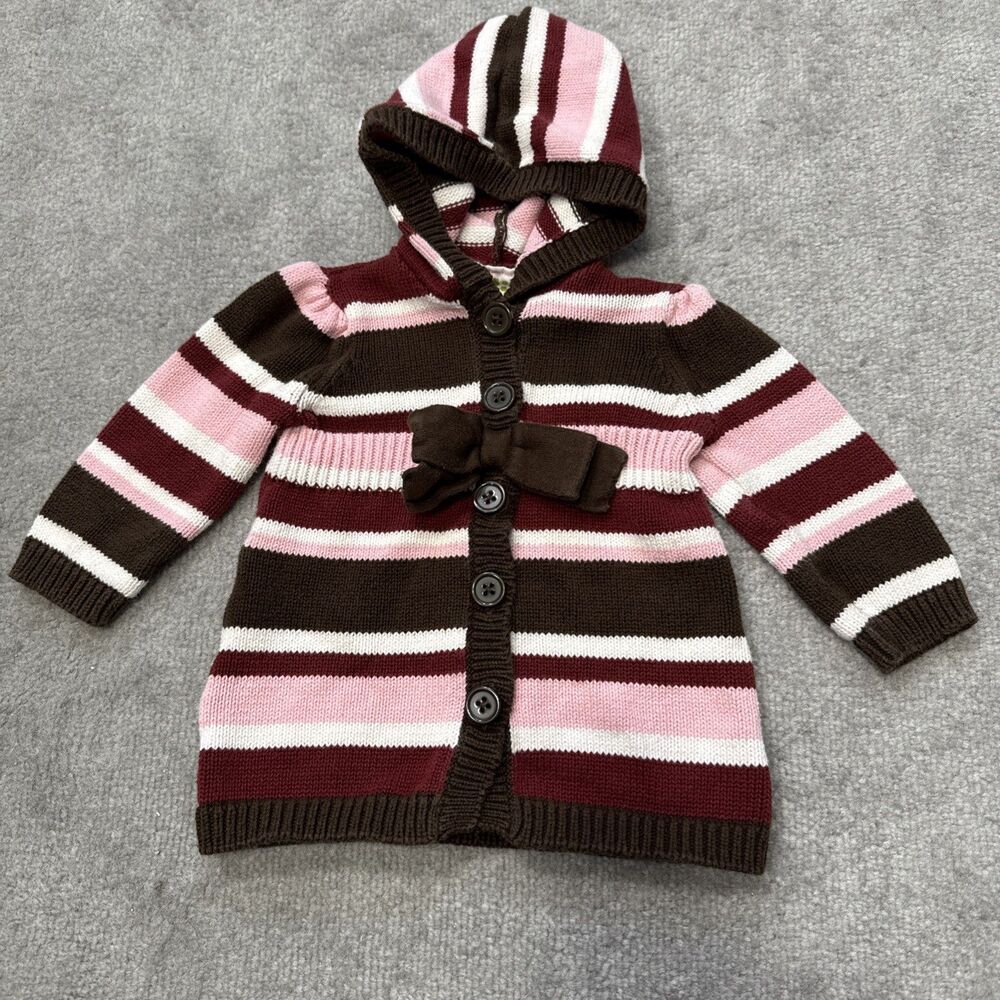 Crazy 8 3-6 Month Girls Cardigan Sweater Striped Bow Pink Brown Hooded